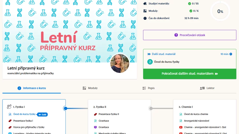 Ukázka studijních materiálů v&nbsp;Bmedic e-learningu pro letní přípravný kurz na přijímačky.
