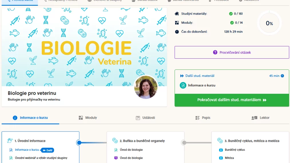 Ukázka studijních materiálů v&nbsp;Bmedic e-learningu pro kurz na přijímačky na veterinu.