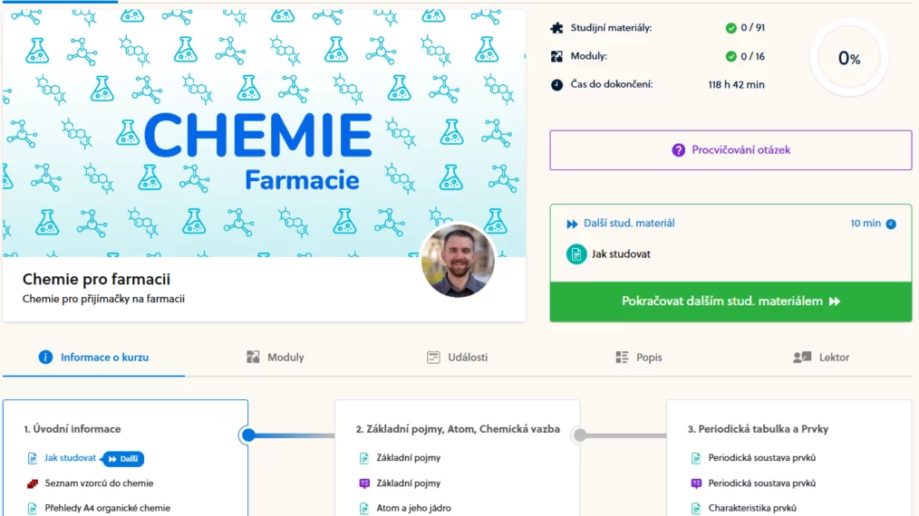 Ukázka studijních materiálů v&nbsp;Bmedic e-learningu pro kurz na přijímačky na farmacii.
