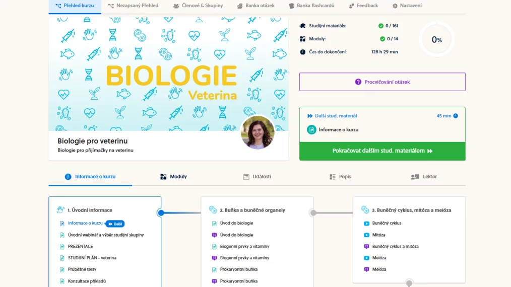 Ukázka e-learningové platformy Bmedic se studijními materiály pro kurz Biologie na přijímačky na veterinu. Přehled modulu, seznam témat i&nbsp;ukazatel pokroku studia.