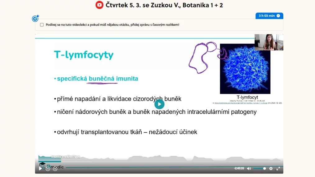Ukázka videozáznamu online lekce v&nbsp;e-learningu Bmedic. Přehrávač s&nbsp;prezentací na téma T-lymfocyty.