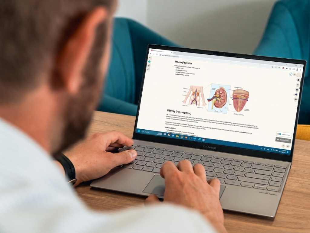 Student na notebooku studuje online kurz Bmedic pro přijímačky na všeobecné a&nbsp;zubní lékařství na Slovensku